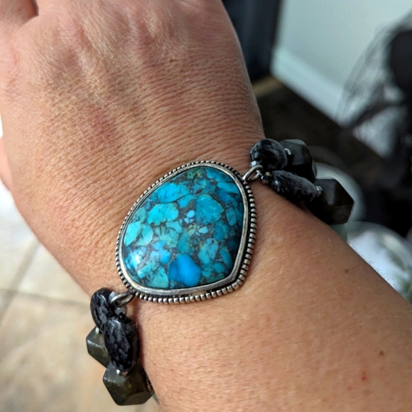 Boho turquoise, aquamarine & sterling bracelet - Picture 1 of 7